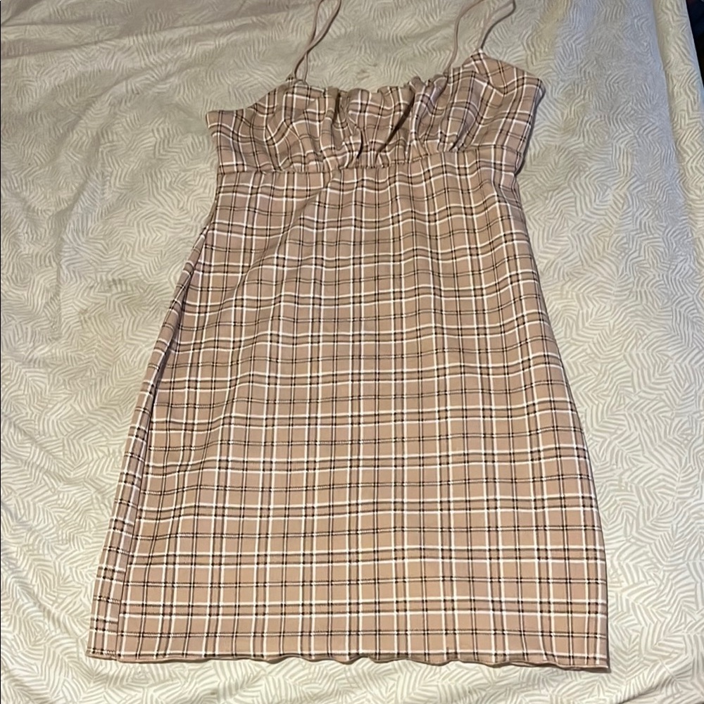 Ultra Flirt Beige and White Checkered Dress